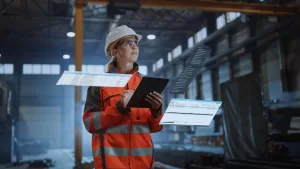 Professional Heavy Industry Engineer Worker Wearing Safety Uniform and Hard Hat, Using Tablet Computer. Serious Successful Female Industrial Specialist Walking in a Metal Manufacture Warehouse.