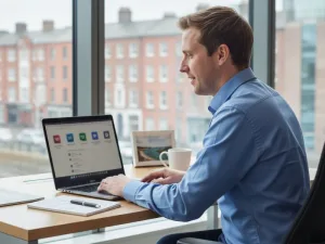 Man using laptop with Microsoft Business premium license